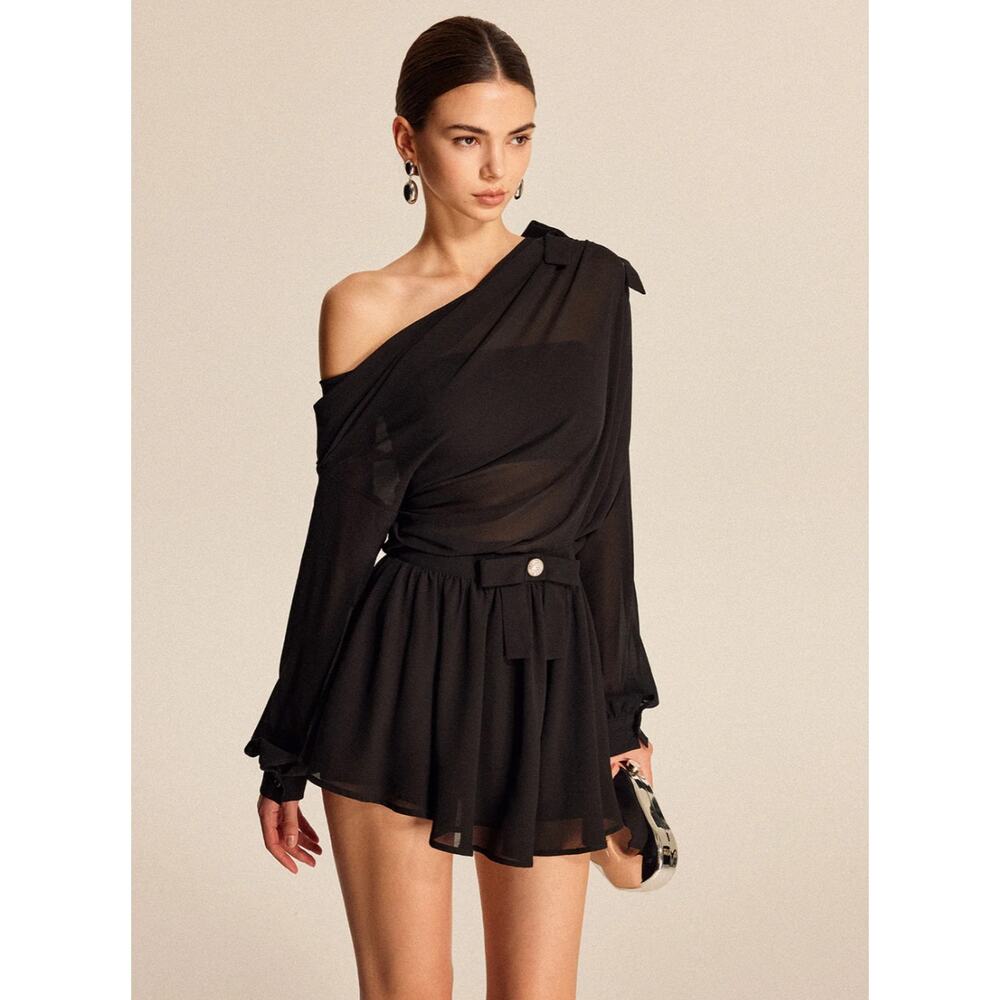 Commense Black One-Shoulder Skirt Set